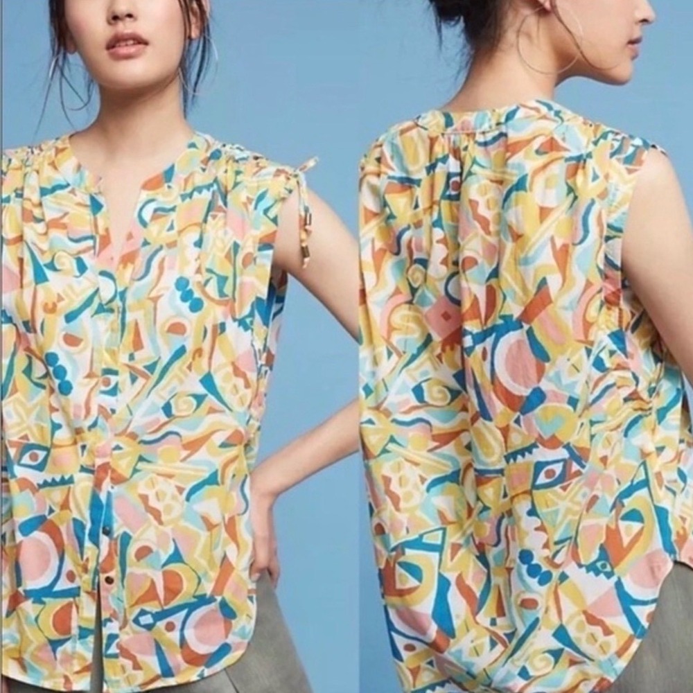 Anthropologie Danielle Kroll XS Blouse Top Colorful Abstract Art To Wear‎ Cotton